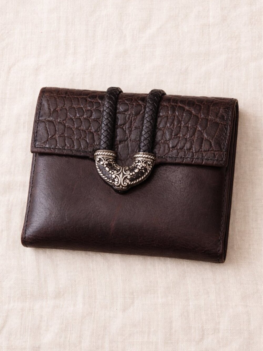 Brighton Croc Embossed Leather Tri Fold Wallet Brown Heart Detail